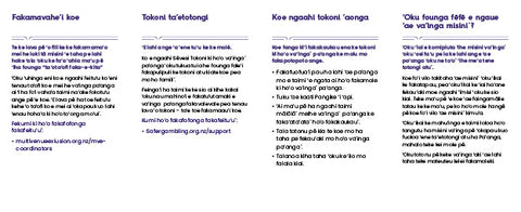 "Spending more on pokies" Wallet leaflet - pack of 10 (Tongan)