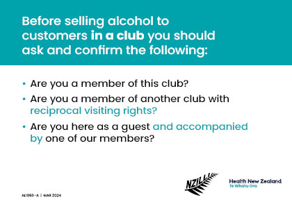 A6 reminder card for Club bar staff of who they may serve in the venue. Version A does not include “guests of a member of another club with reciprocal visiting rights”.