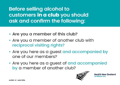 A6 reminder card for Club bar staff of who they may serve in the venue. Version B includes “guests of a member of another club with reciprocal visiting rights”.