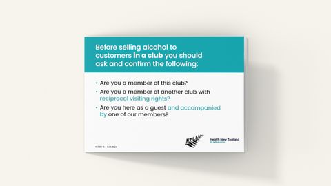 A6 reminder card for Club bar staff of who they may serve in the venue. Version A does not include “guests of a member of another club with reciprocal visiting rights”.