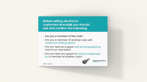 A6 reminder card for Club bar staff of who they may serve in the venue. Version B includes “guests of a member of another club with reciprocal visiting rights”.