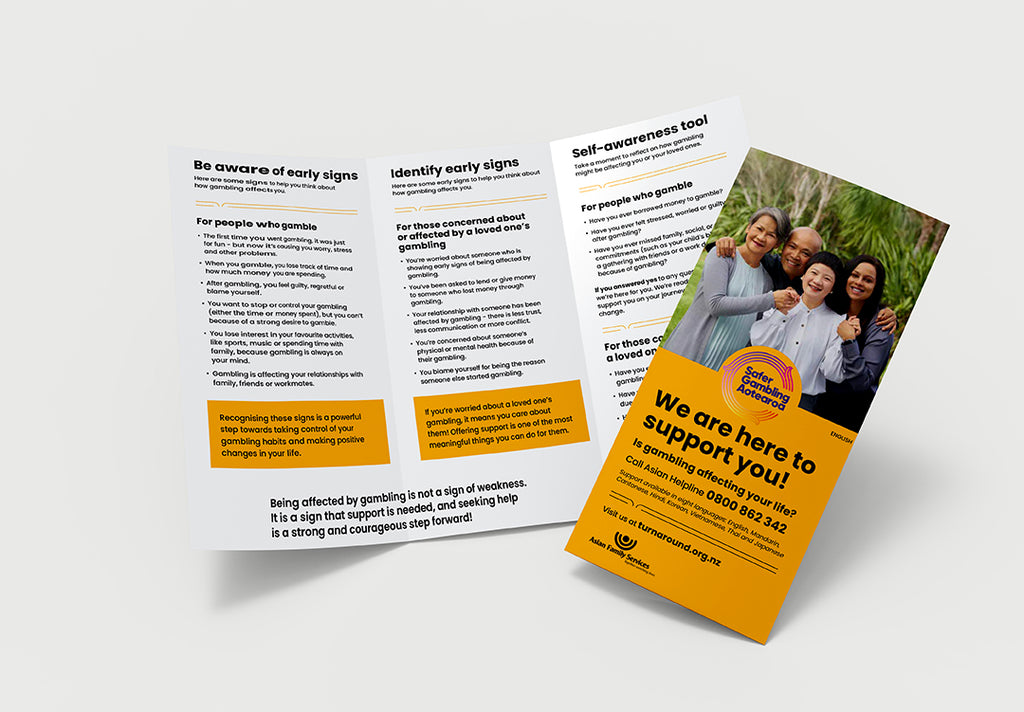 “We are here to support you” gambling harm brochure for Asian communities - English