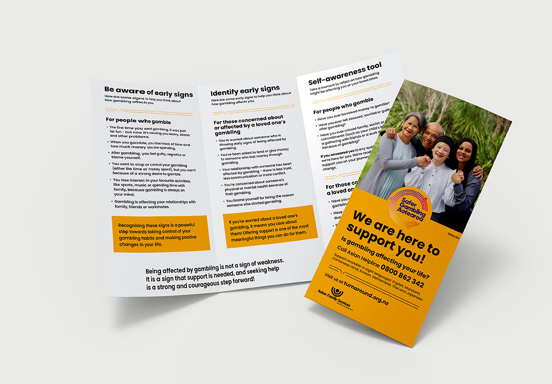 Mock up image for “We are here to support you” gambling harm brochure for Asian communities - English
