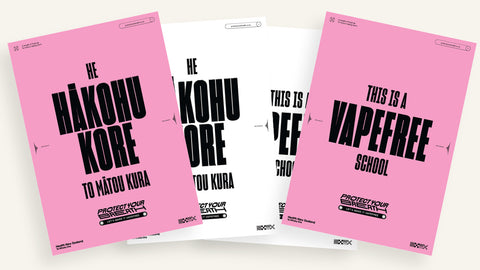 Image showing set of four "This is a vapefree school" posters in English and te reo Māori