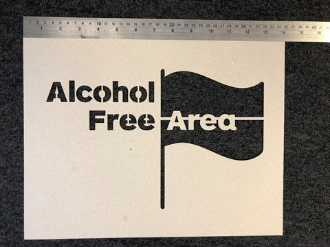 Photo showing the Alcohol Free Area stencil next to a ruler to illustrate the size (360mm x 275mm)